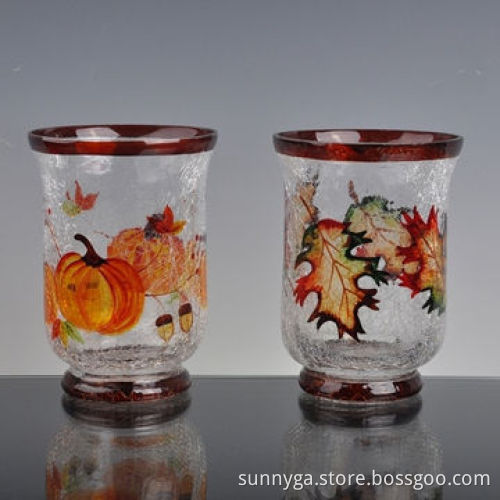 Hurricane glass candle jar with crackle finish and hand painting